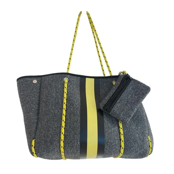 AH-DORNED ~ Large Gray Bag w/Yellow Racing Stripe Bungee Cord Style Handle - Picture 4 of 13